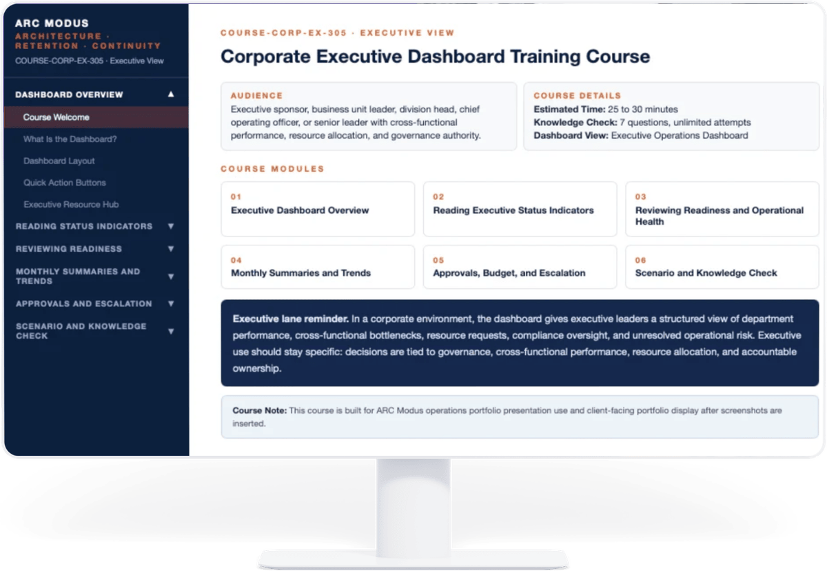 ARC Modus Corporate Executive Dashboard Training Course welcome screen on a monitor
